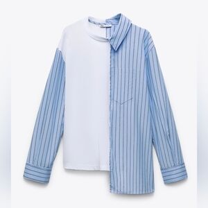 NWT Zara asymmetrical combination shirt, Size Small, Blue And White.